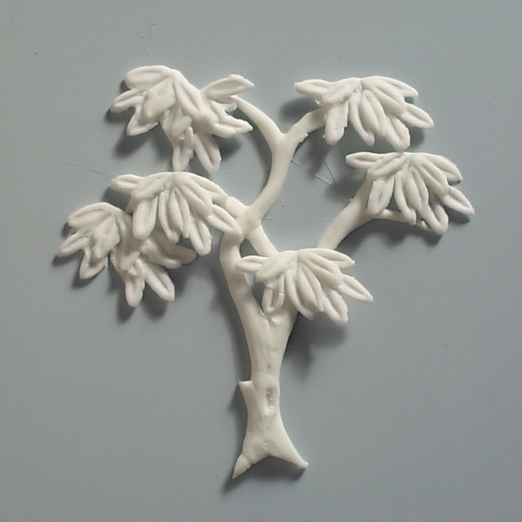 Decorative tree and leaves sculpture with 'Hawthorne Hill' branding on a gray background